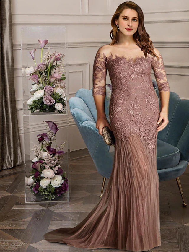 Mermaid / Trumpet Plus Size Curve Mother of the Bride Dresses Elegant Dress Formal Sweep / Brush Train Sleeveless Jewel Neck Lace with Pleats Appliques